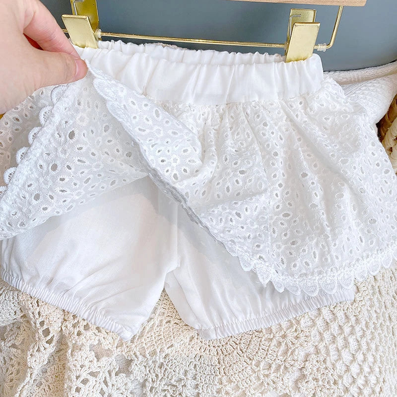 Mädchen Sommer Set Lochspitze ärmelloses Oberteil Shorts