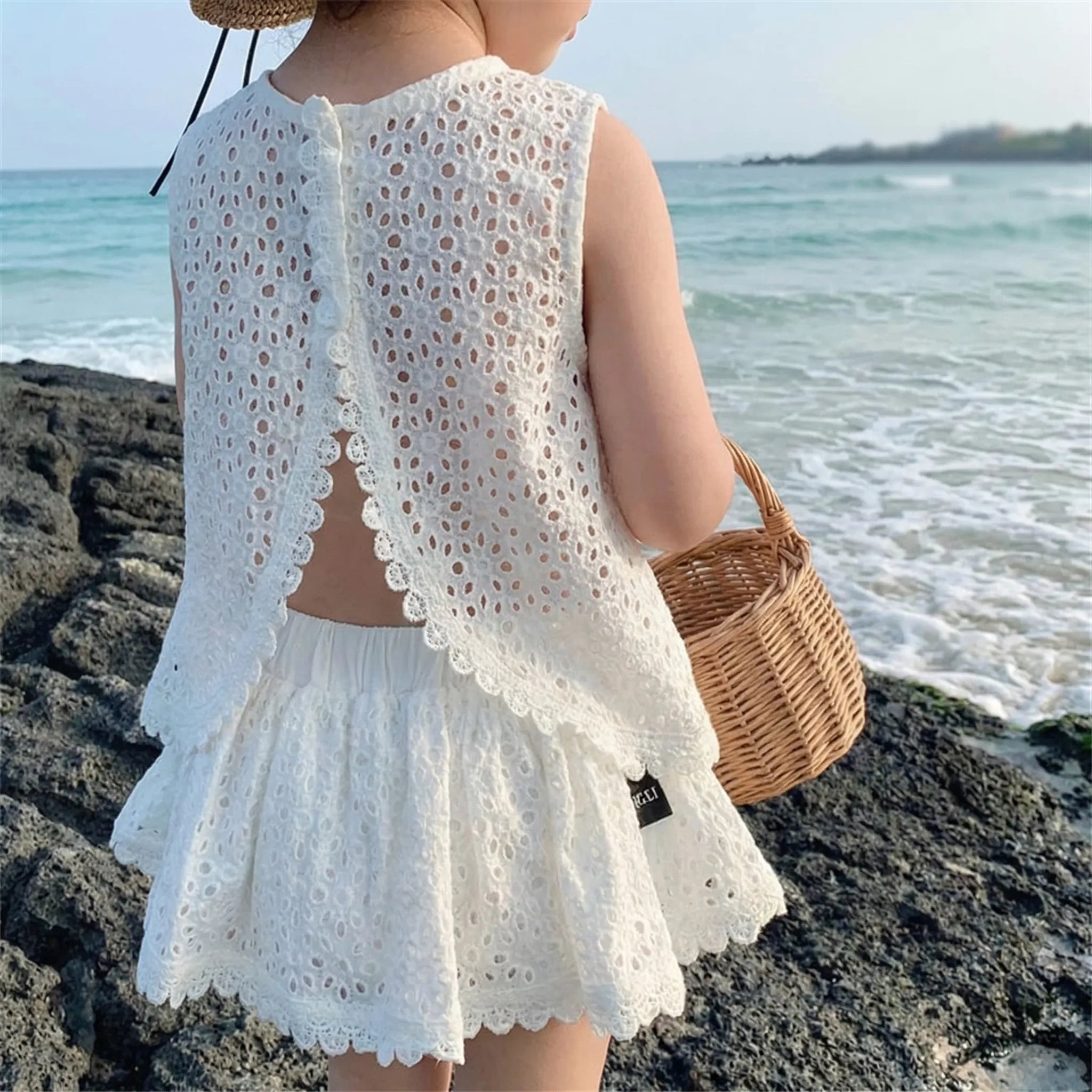 Mädchen Sommer Set Lochspitze ärmelloses Oberteil Shorts