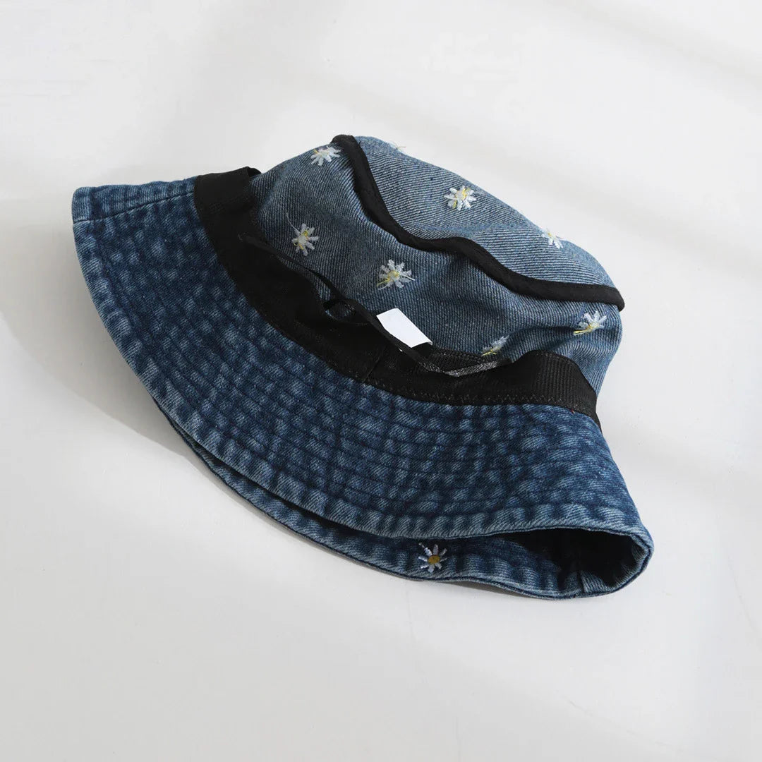 Fischerhut mit Gänseblümchen-Stickerei gewaschenes Denim breitkrempig Unisex