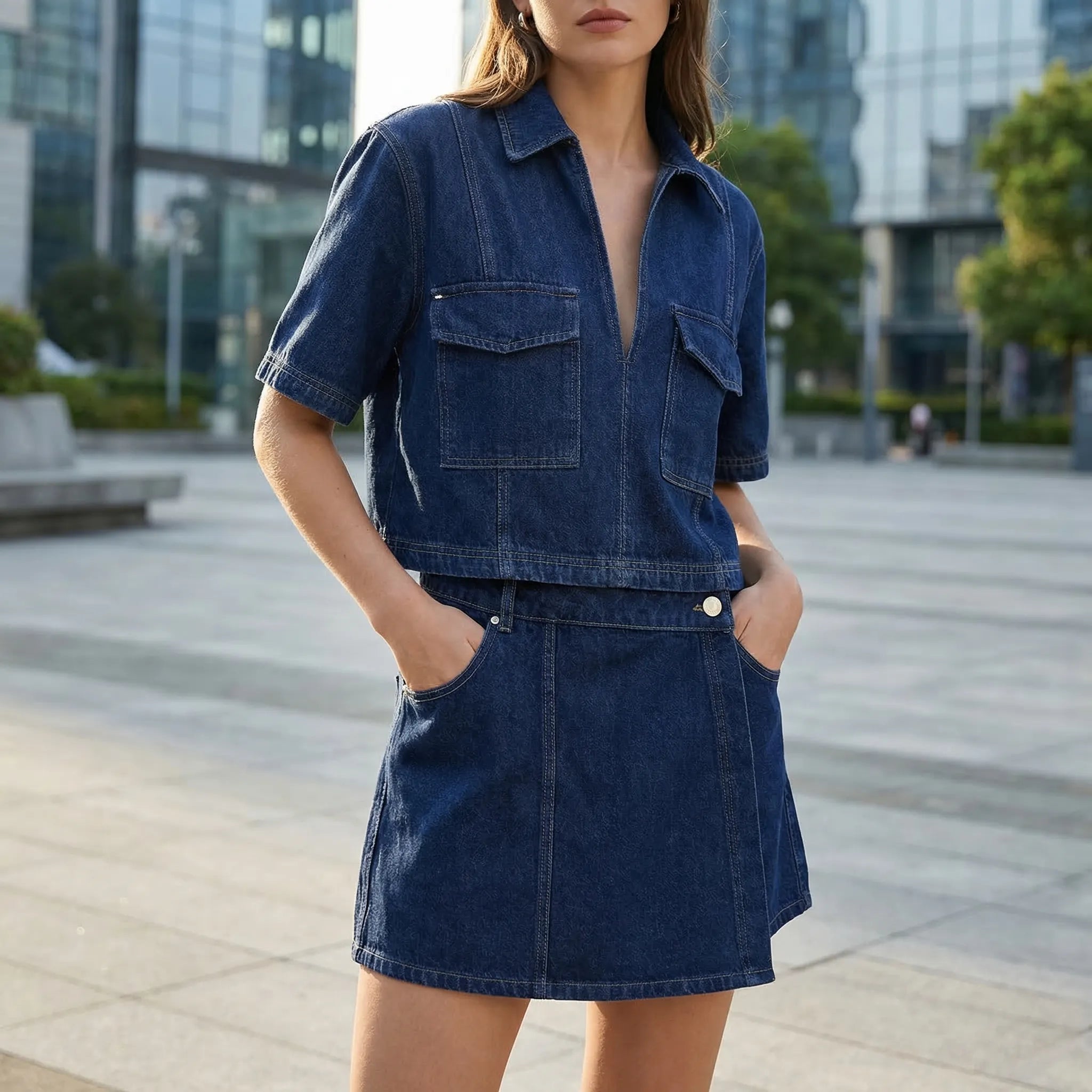 Denim Zweiteiler Set für Damen mit bauchfreiem Oberteil und Minirock