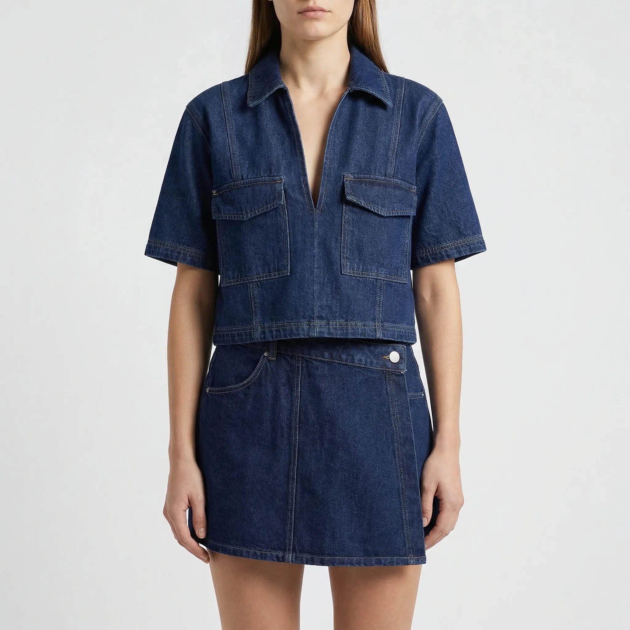 Denim Zweiteiler Set für Damen mit bauchfreiem Oberteil und Minirock