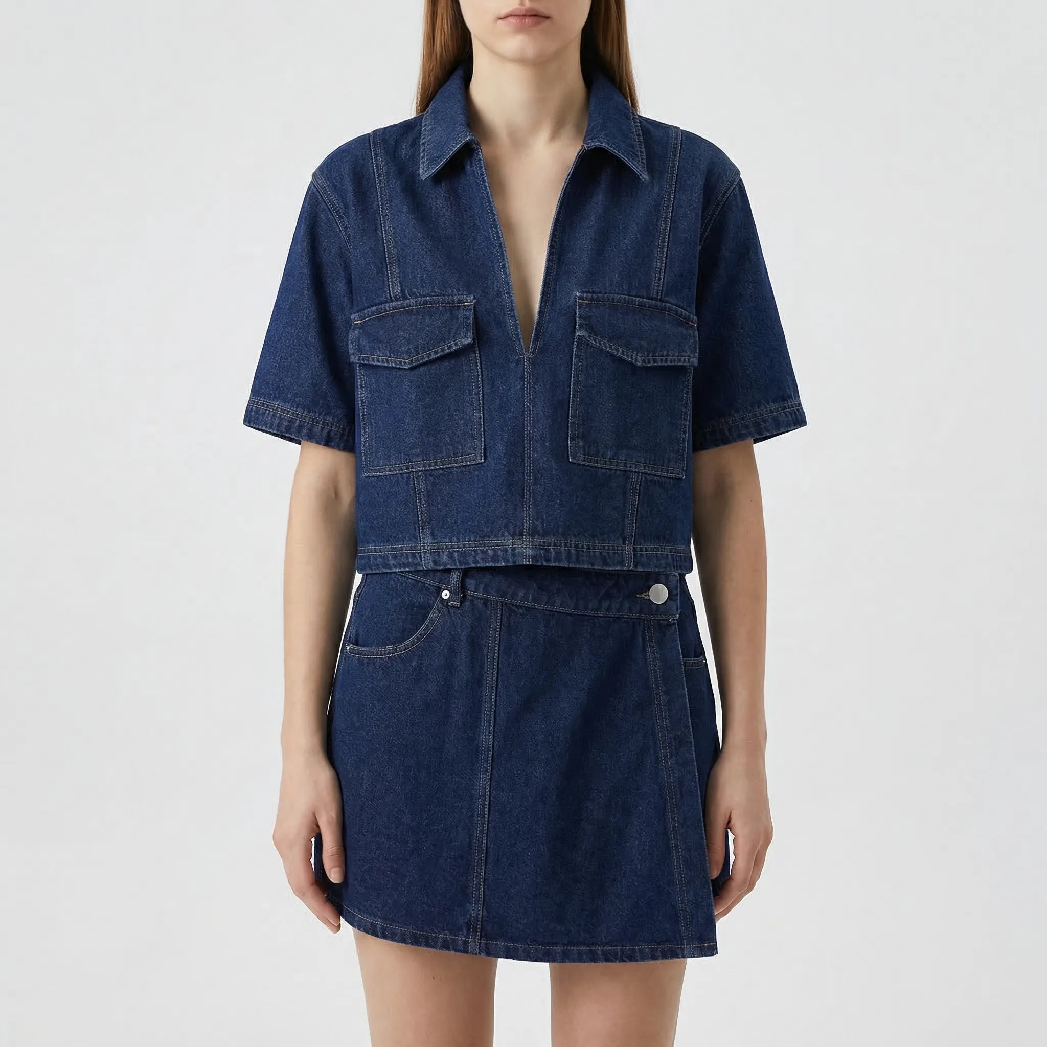 Denim Zweiteiler Set für Damen mit bauchfreiem Oberteil und Minirock