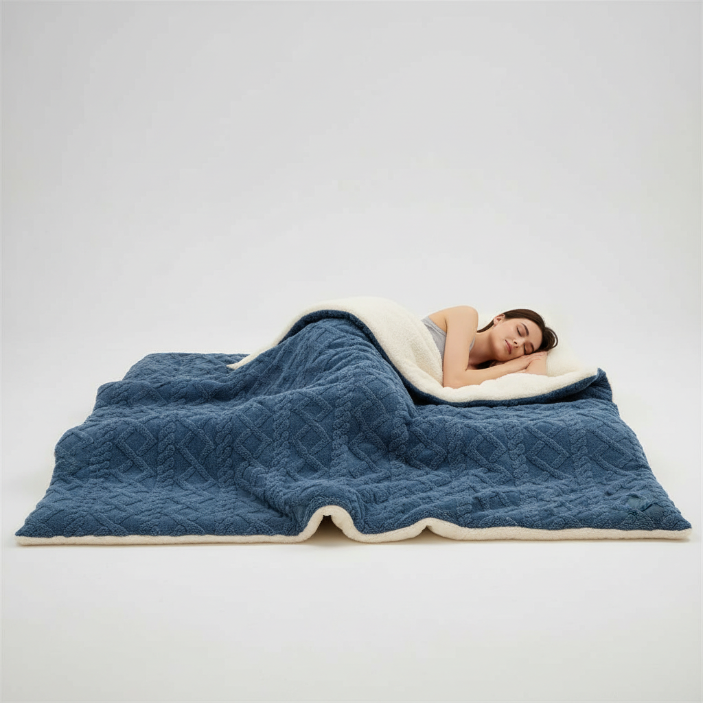 Wendbare Steppdecke mit Polarfleece und Lammfell-Innenseite antipieling