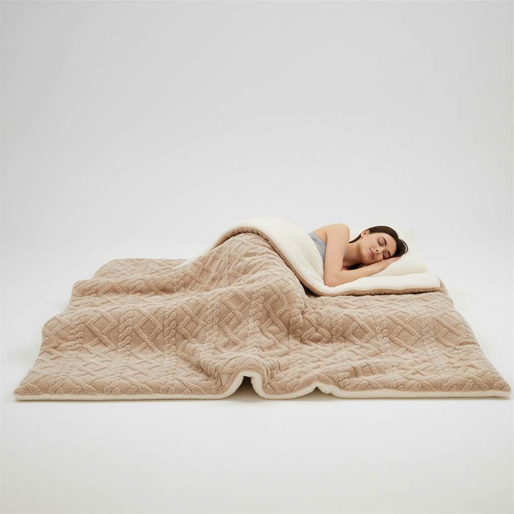 Wendbare Steppdecke mit Polarfleece und Lammfell-Innenseite antipieling