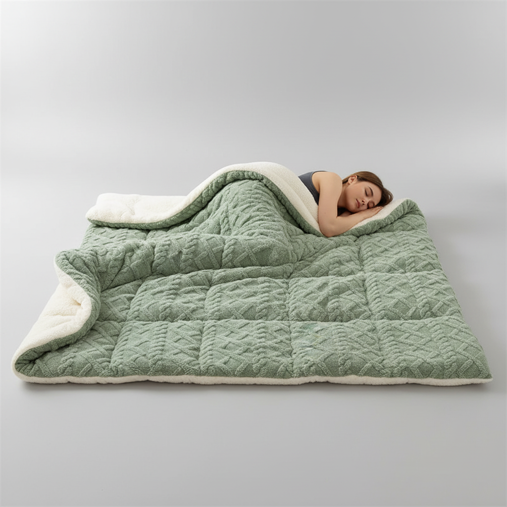 Wendbare Steppdecke mit Polarfleece und Lammfell-Innenseite antipieling