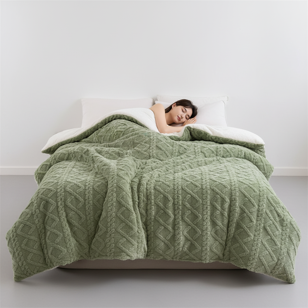 Wendbare Steppdecke mit Polarfleece und Lammfell-Innenseite antipieling