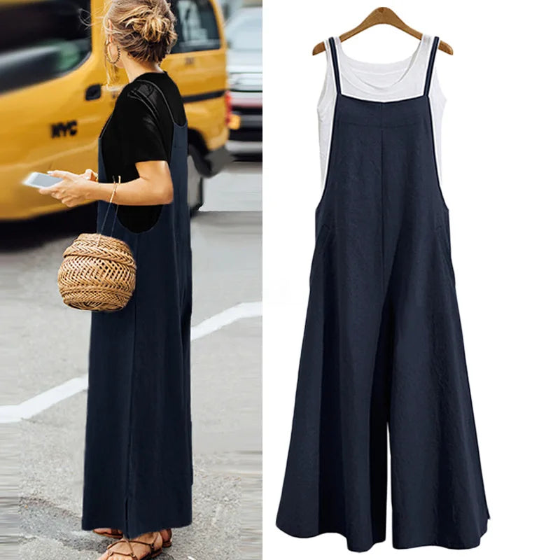 Damen Jumpsuit ärmellos weites Bein Latzfront Sommer