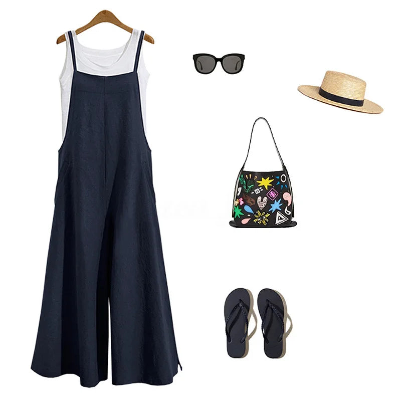 Damen Jumpsuit ärmellos weites Bein Latzfront Sommer