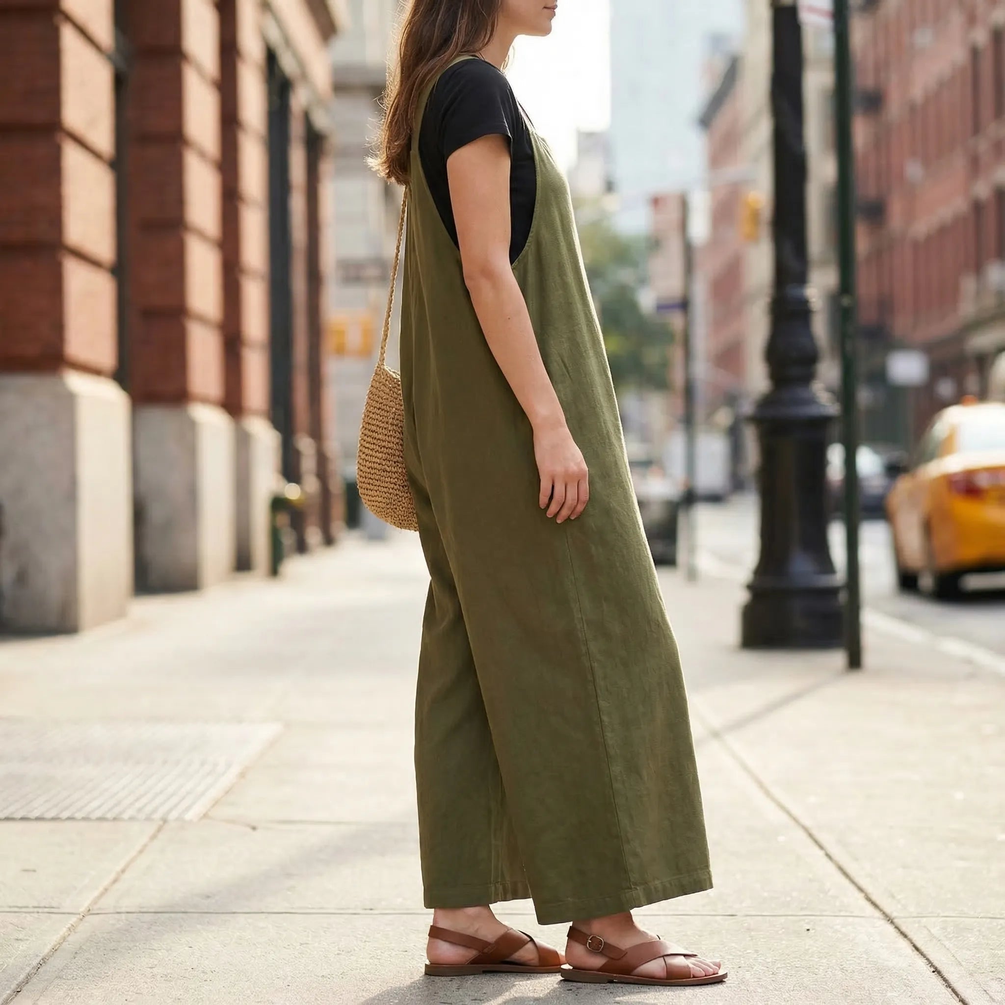 Damen Jumpsuit ärmellos weites Bein Latzfront Sommer