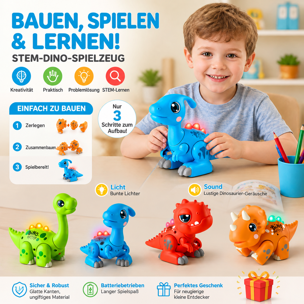 Nordspur | Einfach zu montierendes STEM-Lernspielzeug Dinosaurier mit Lichtern und Geräuschen