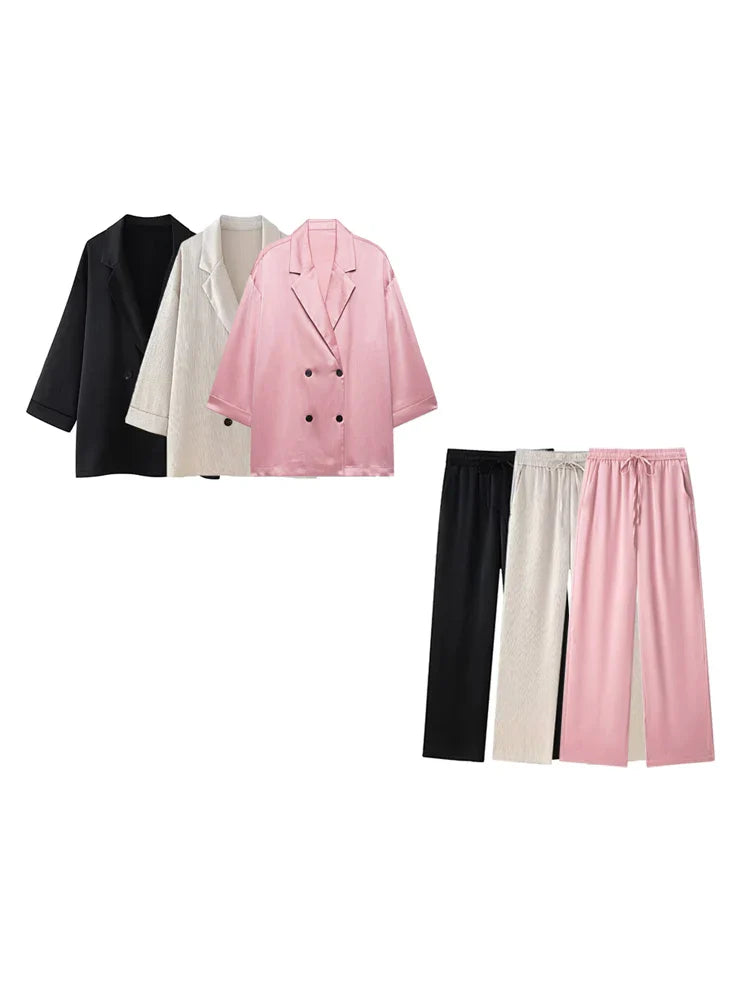 Damen Zweiteiler Set Blazer und Hose mit weitem Bein