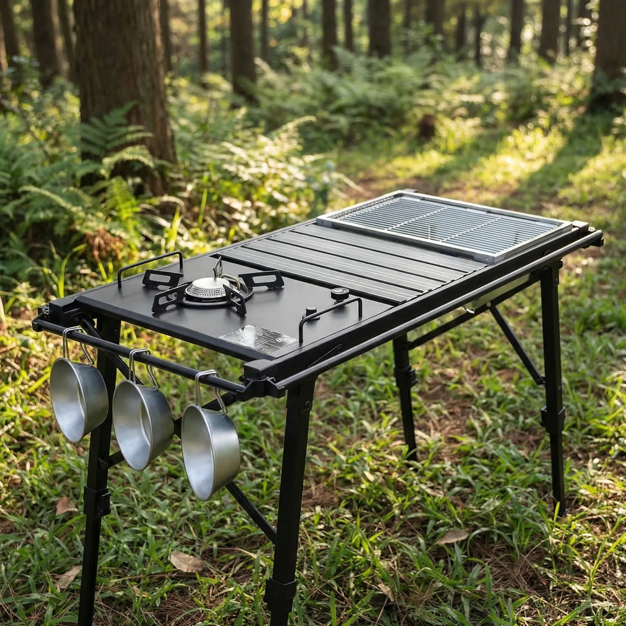 Klappbarer IGT-Campingtisch mit Holzkohlegrill und Kocher-Einschüben