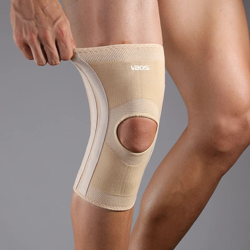 Kniebandage hochelastisches Strickgewebe mit offener Kniescheibe und Federstützen