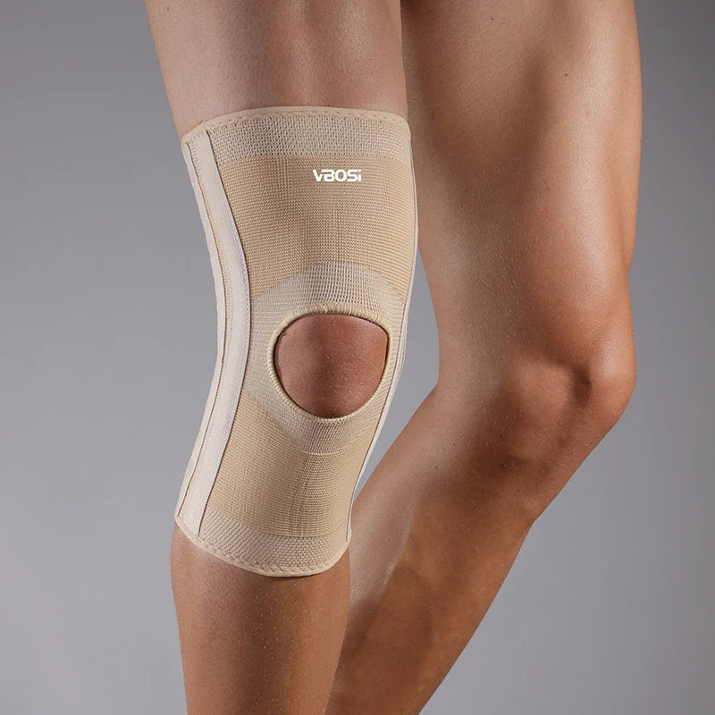 Kniebandage hochelastisches Strickgewebe mit offener Kniescheibe und Federstützen