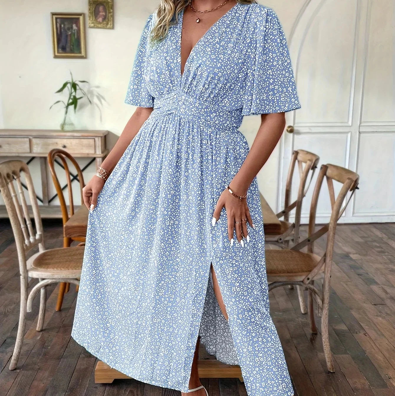 Nordspur | Floravia Floral V-Neck Waist-Cinched A-Line Dress