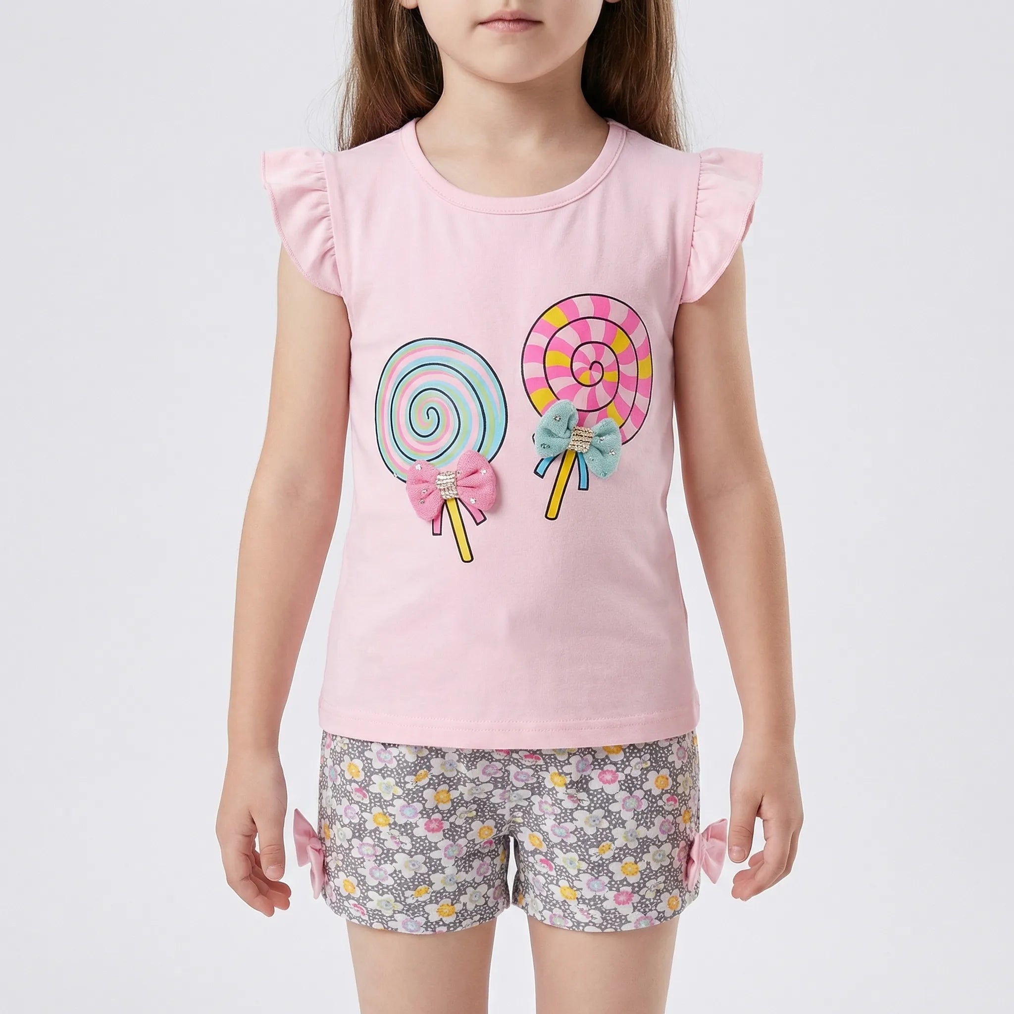 Mädchen Sommer Set mit Rüschen Top und Blumen Shorts