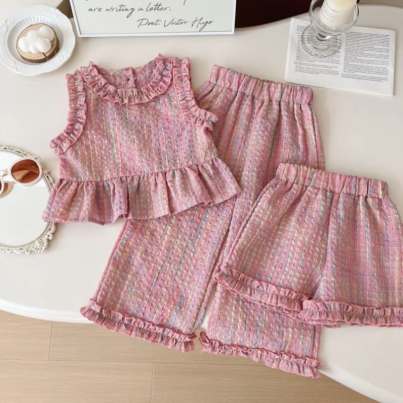 Baby Mädchen Sommer Set rosa kariert mit Rüschen Top und Shorts