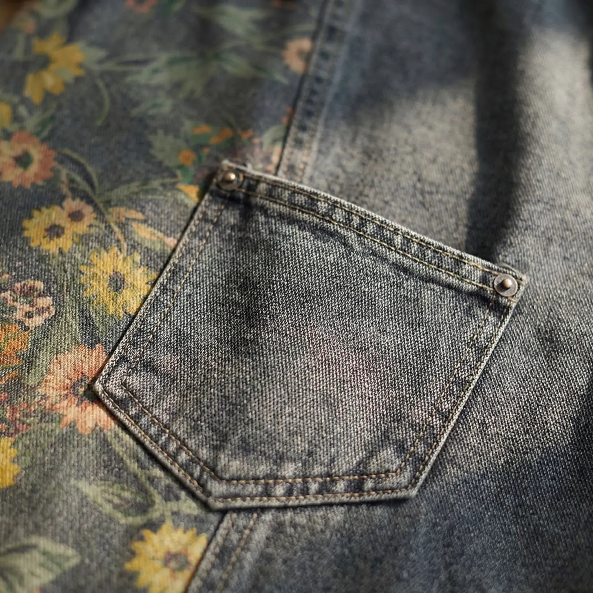 Denim-Latzhose mit großflächigem Blumenmuster und breitem Bein