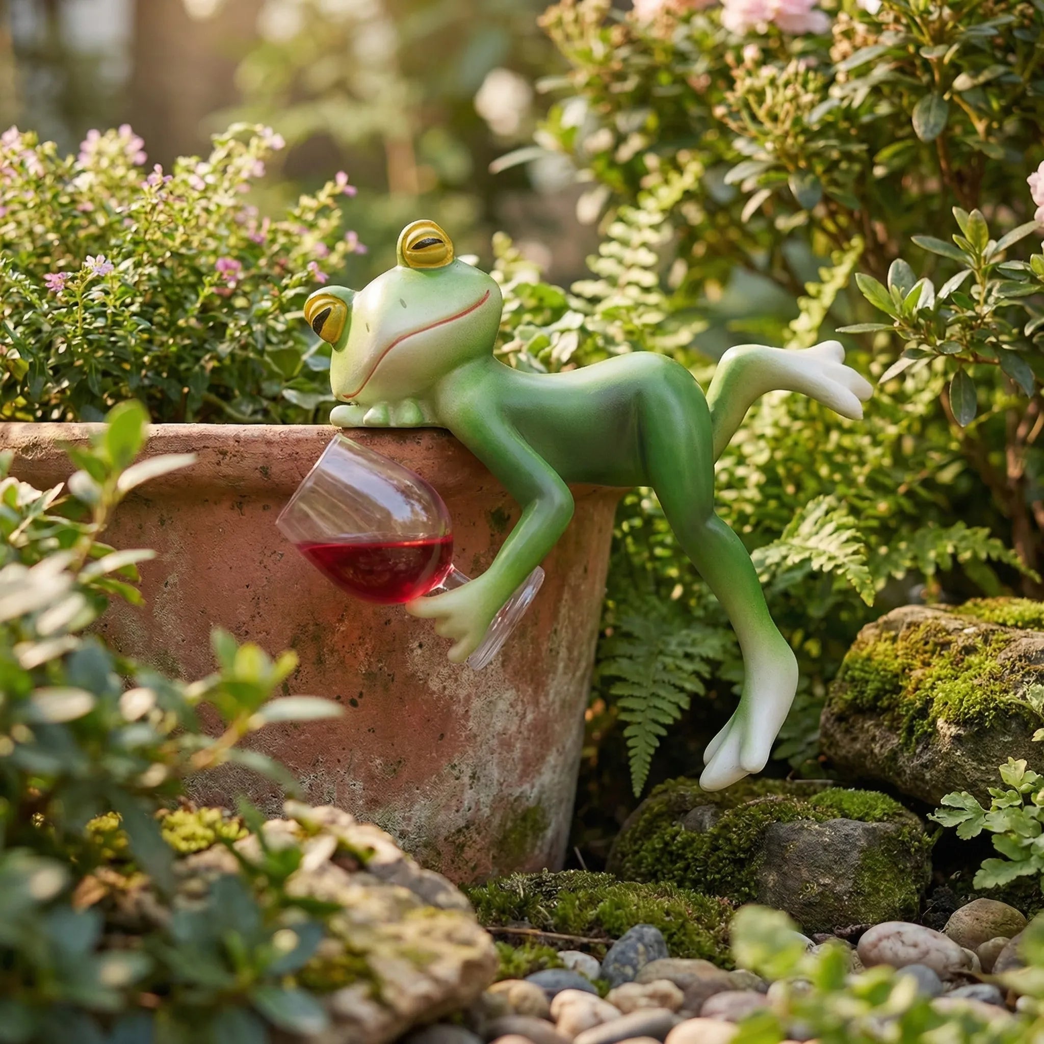 Frosch-Figur mit Weinglas zum Aufhängen über Topfrändern