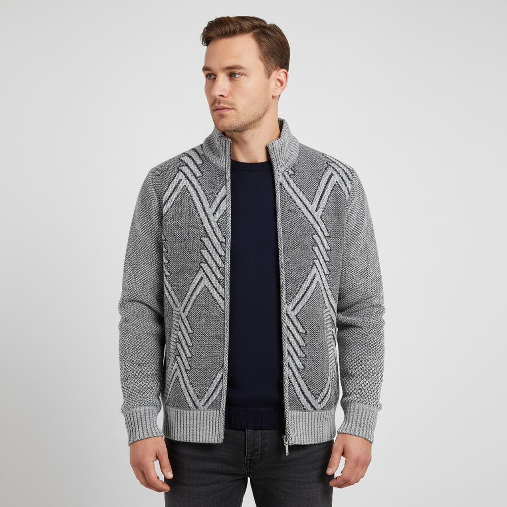 Strickjacke Herren Fleecefutter Fair Isle gerippter Kragen