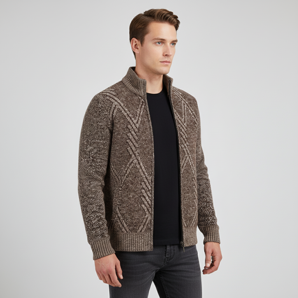 Strickjacke Herren Fleecefutter Fair Isle gerippter Kragen
