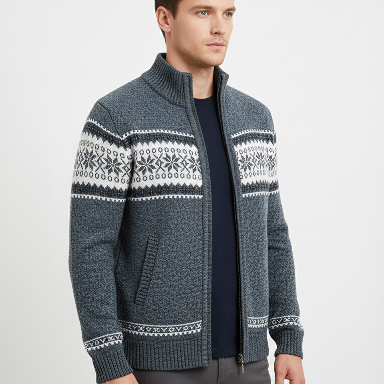 Strickjacke Herren Fleecefutter Fair Isle gerippter Kragen