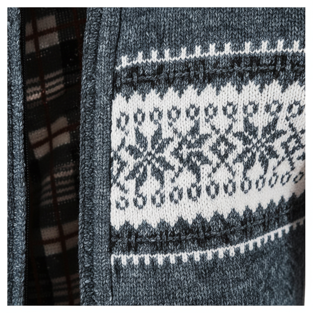 Strickjacke Herren Fleecefutter Fair Isle gerippter Kragen