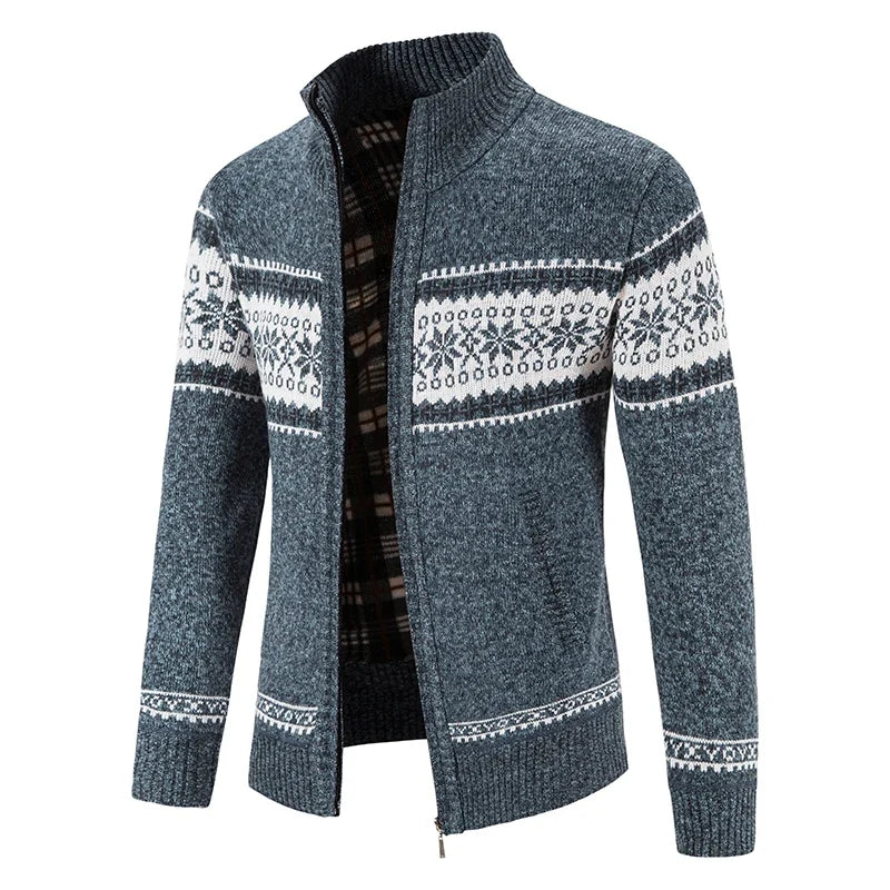 Strickjacke Herren Fleecefutter Fair Isle gerippter Kragen