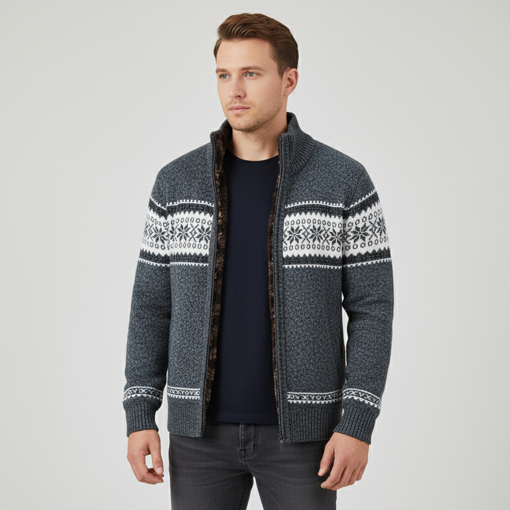 Strickjacke Herren Fleecefutter Fair Isle gerippter Kragen