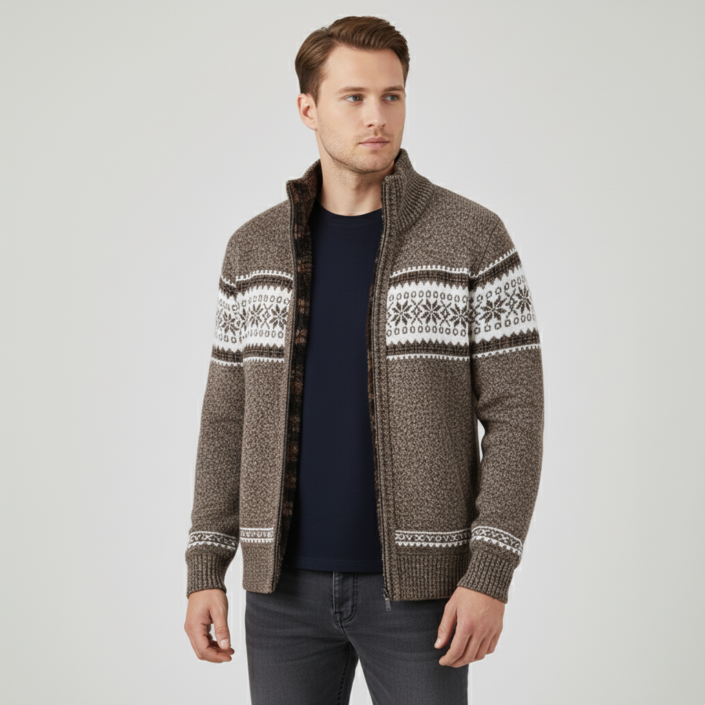 Strickjacke Herren Fleecefutter Fair Isle gerippter Kragen