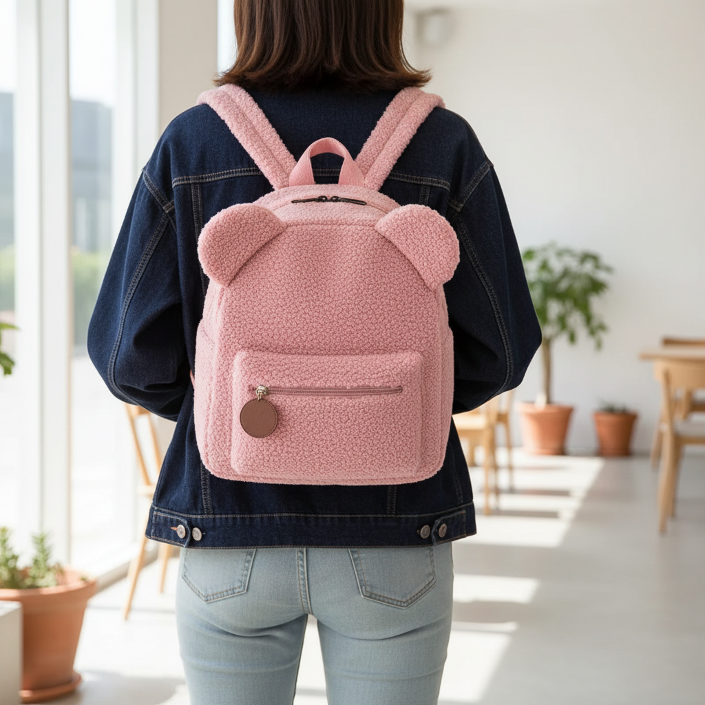 Flauschiger Bären-Rucksack mit Flanell-Außenseite und gepolsterten Trägern