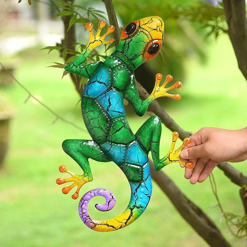 Bunte Gecko-Wandskulptur mit Crackle-Effekt-Lackierung für Garten und Innenbereich