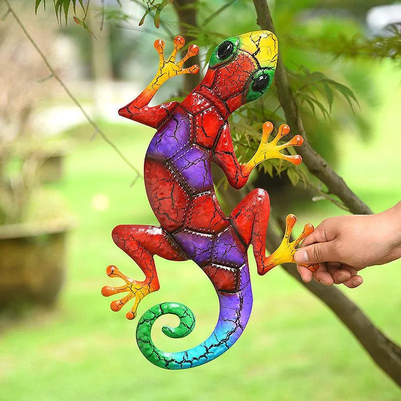 Bunte Gecko-Wandskulptur mit Crackle-Effekt-Lackierung für Garten und Innenbereich
