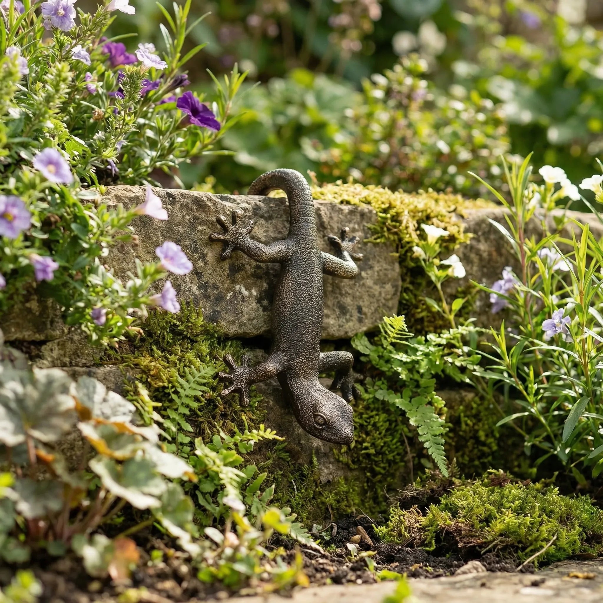 Hängender Gecko Gartenwand-Ornament lebensecht strukturiert bronzetönung
