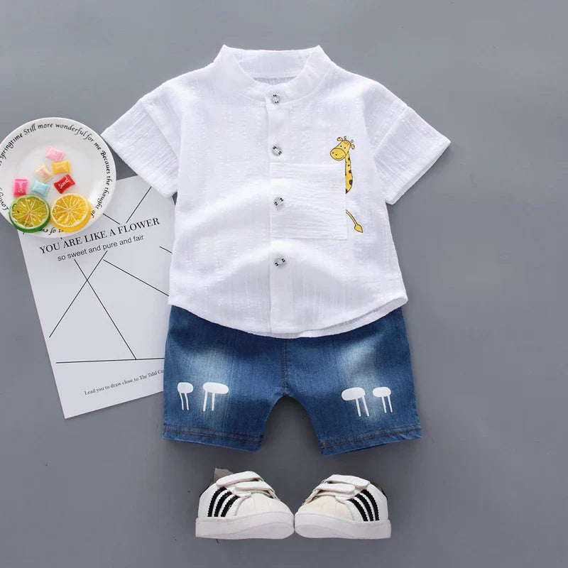 Kinder Sommer Set Jungen mit Giraffen Shirt und Denim Shorts