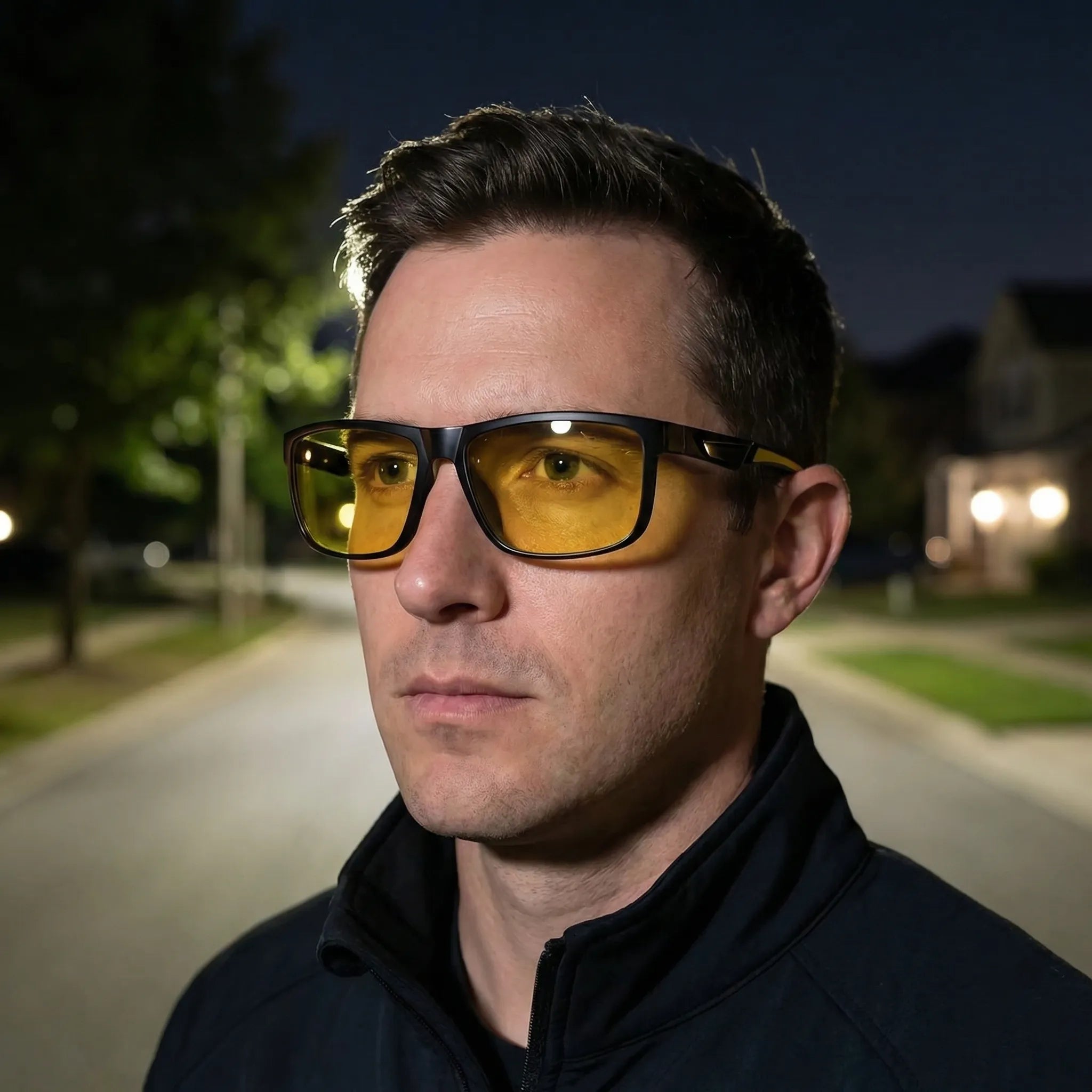 Quadratische Fahrerbrille mit gelben Anti-Blendschutz-Gläsern