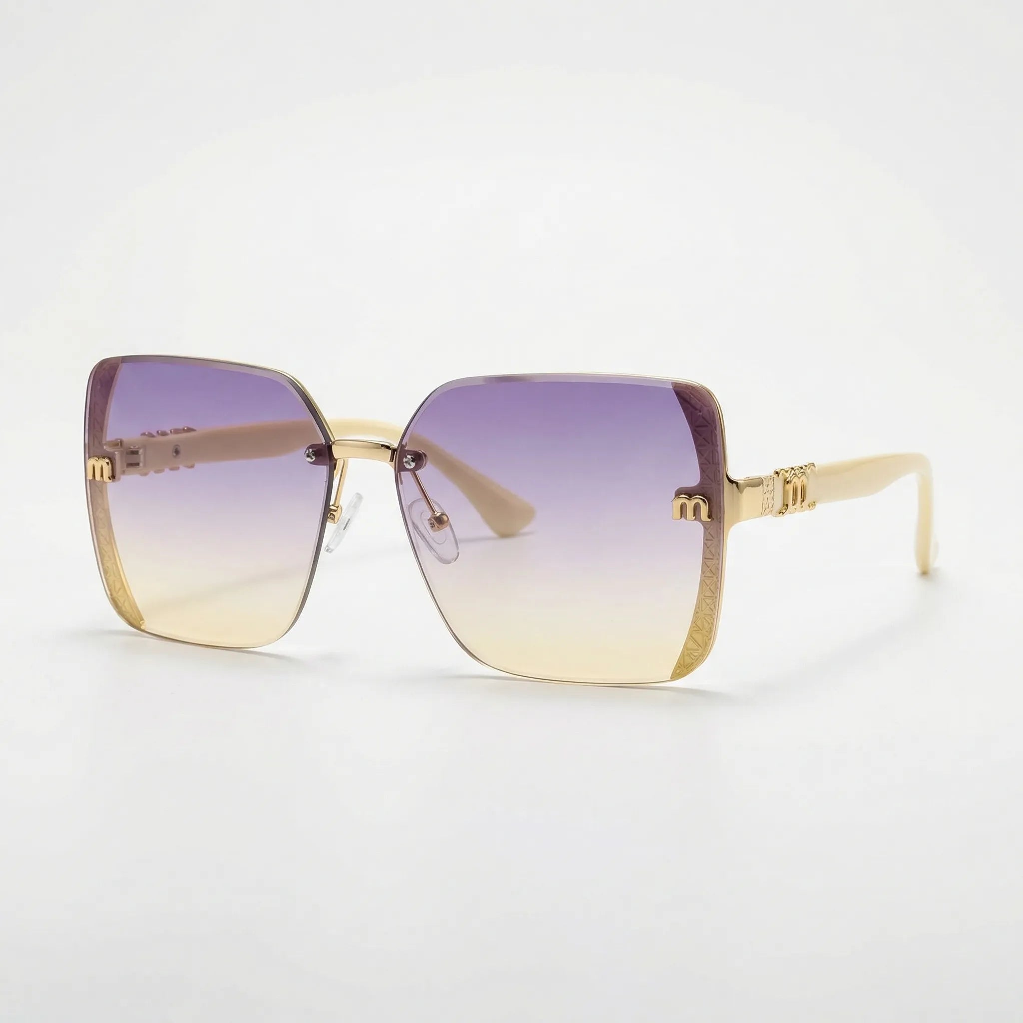 Randlose Sonnenbrille mit Farbverlauf und glitzerbesetzter Brücke