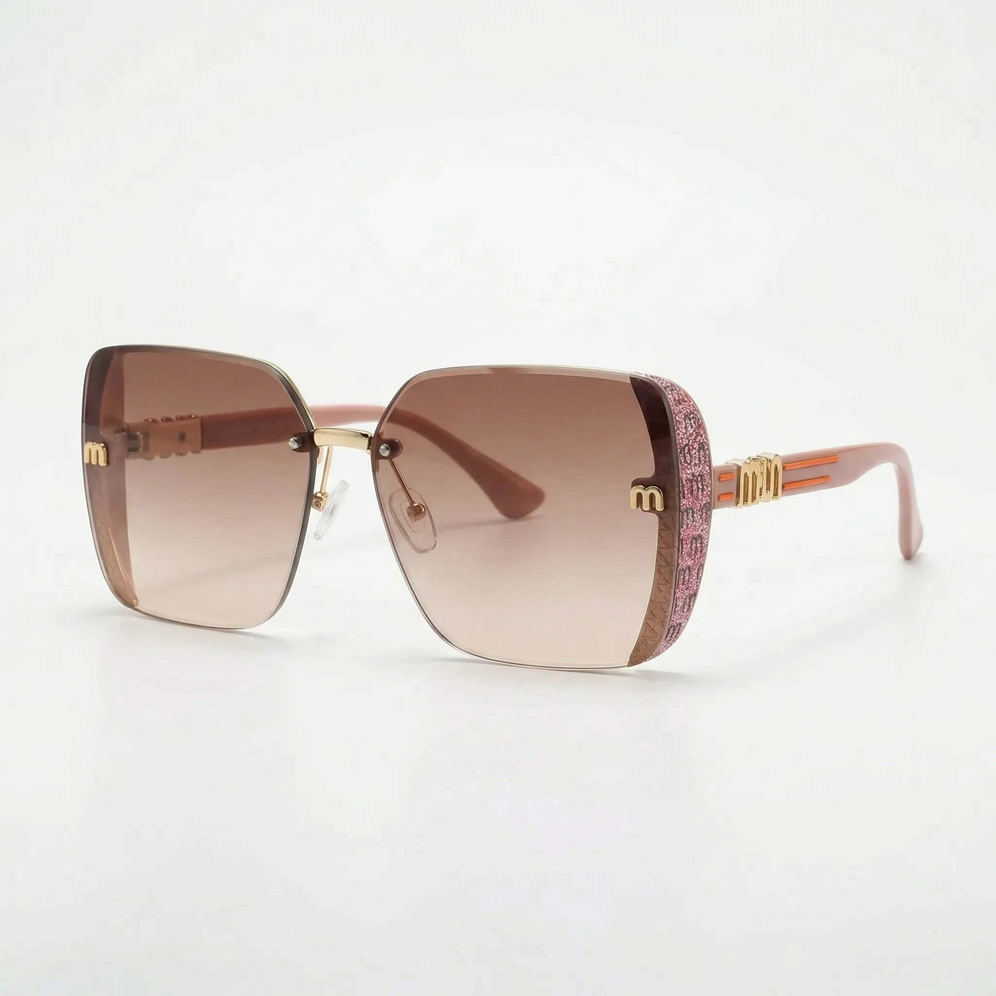 Randlose Sonnenbrille mit Farbverlauf und glitzerbesetzter Brücke