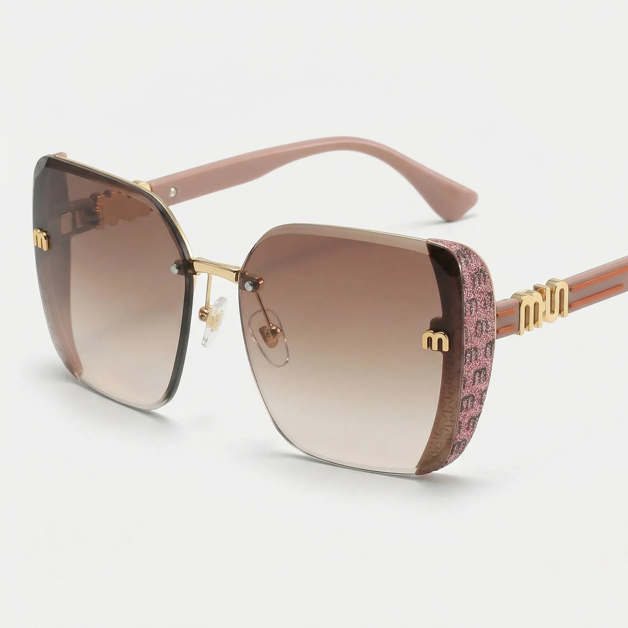 Randlose Sonnenbrille mit Farbverlauf und glitzerbesetzter Brücke