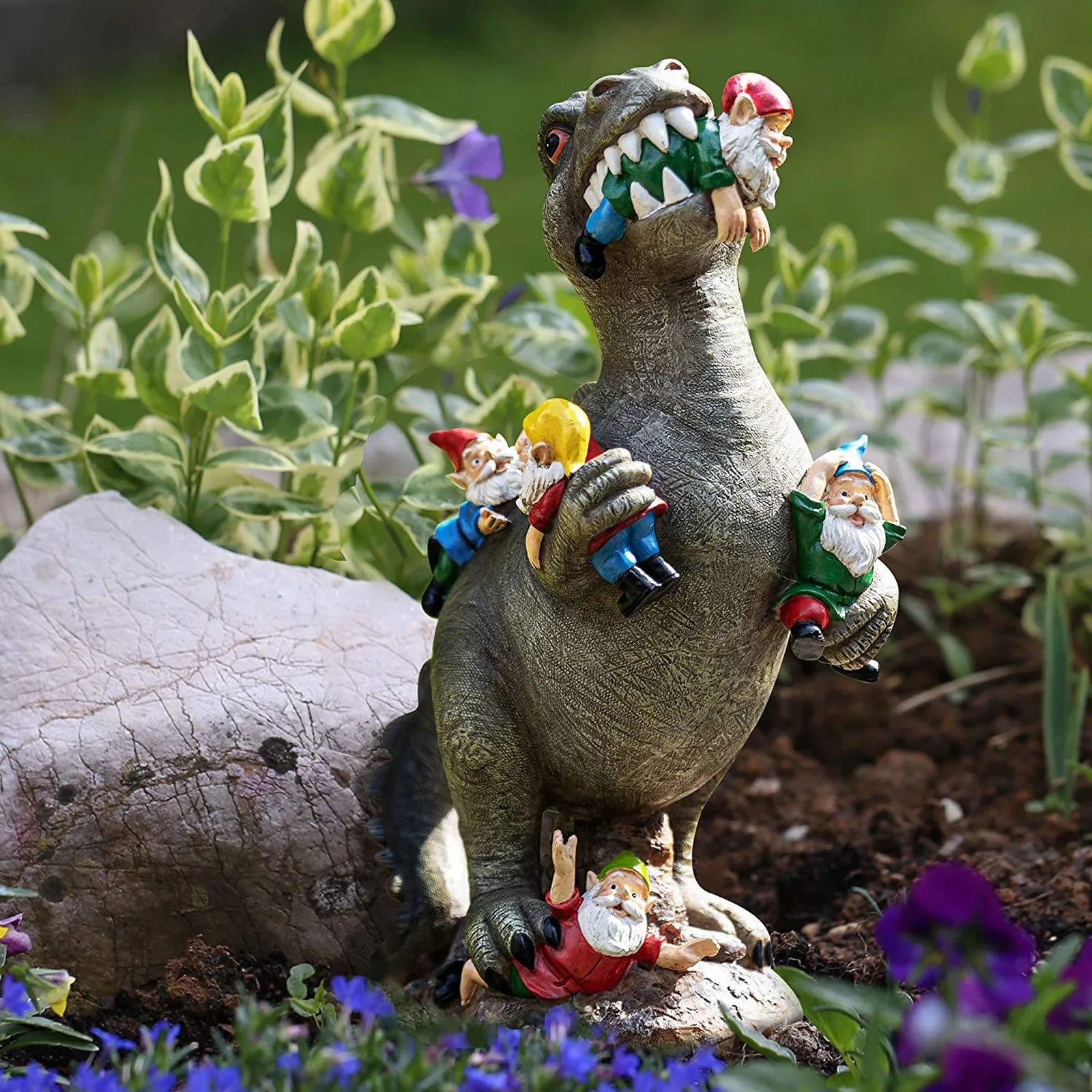 Dinosaurier-Gartenfigur T-Rex mit Zwergen handgemalt witterungsbeständig