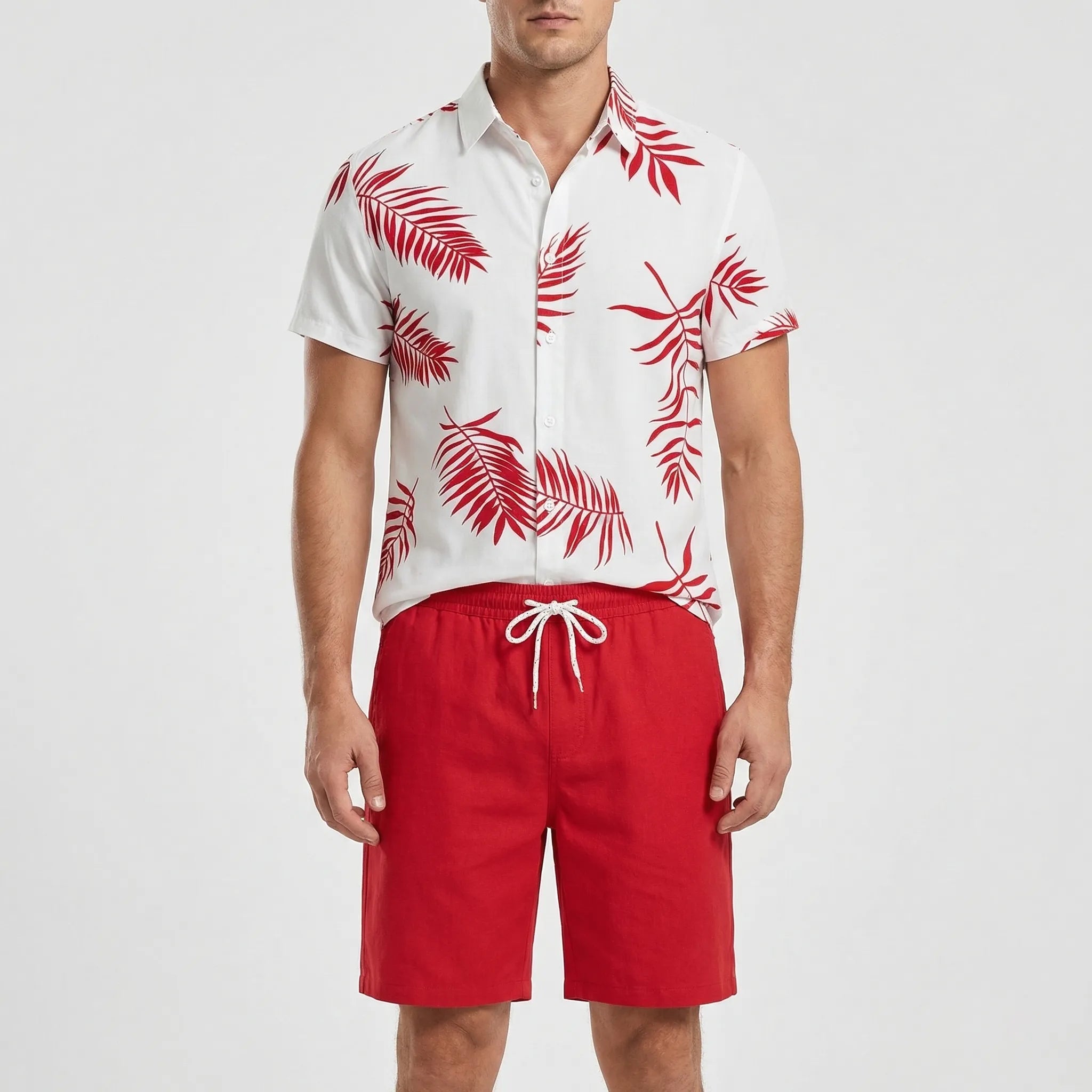 Herren Sommer Set Kurzarmhemd und Shorts Schwarz-Weiß-Druck locker atmungsaktiv
