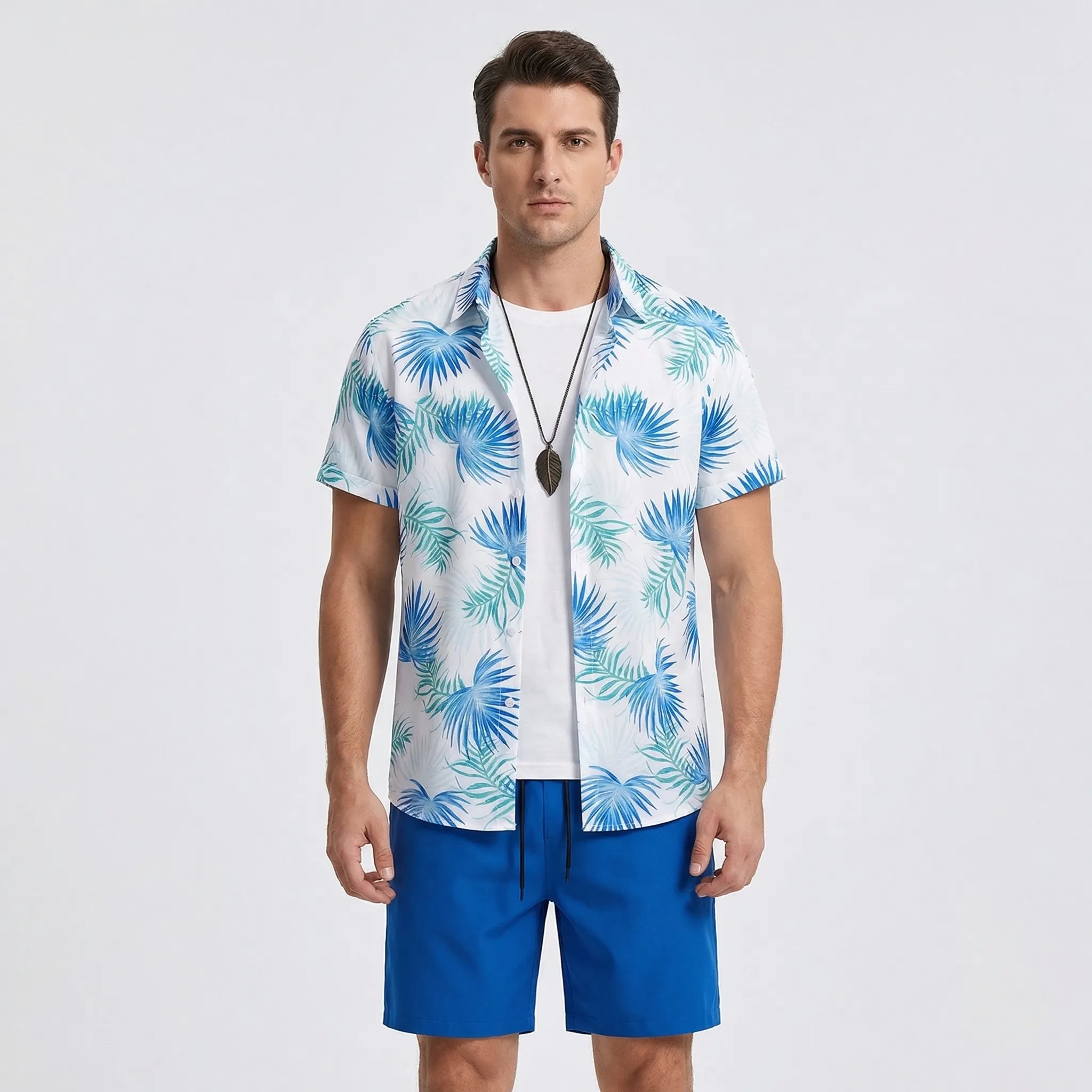 Herren Sommer Set Kurzarmhemd und Shorts Schwarz-Weiß-Druck locker atmungsaktiv