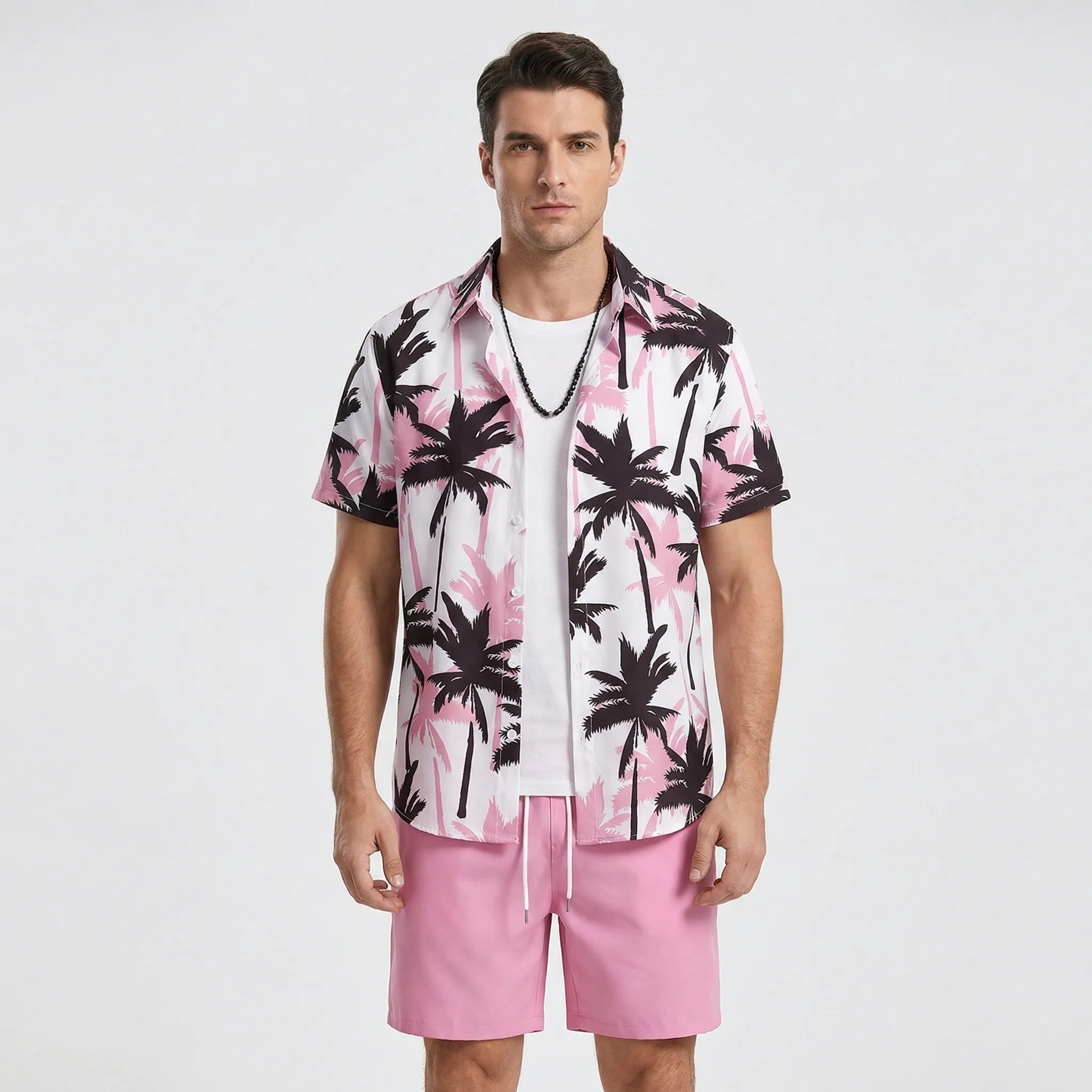 Herren Sommer Set Kurzarmhemd und Shorts Schwarz-Weiß-Druck locker atmungsaktiv