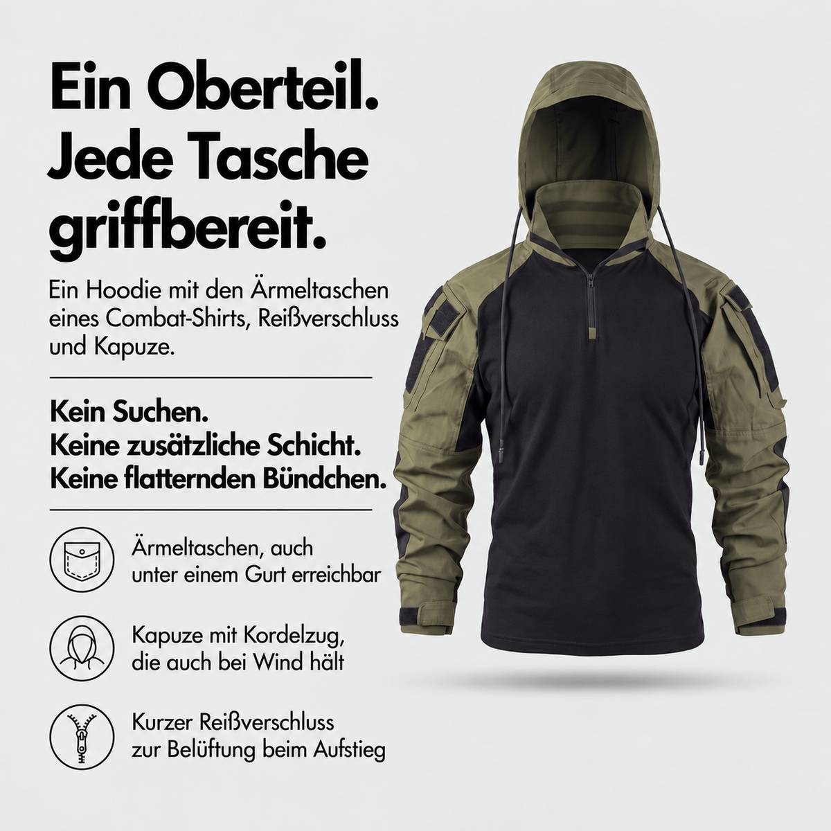 Nordspur | Herren-Hoodie - Taktisches Quarter-Zip-Kampfshirt - Angelhoodie