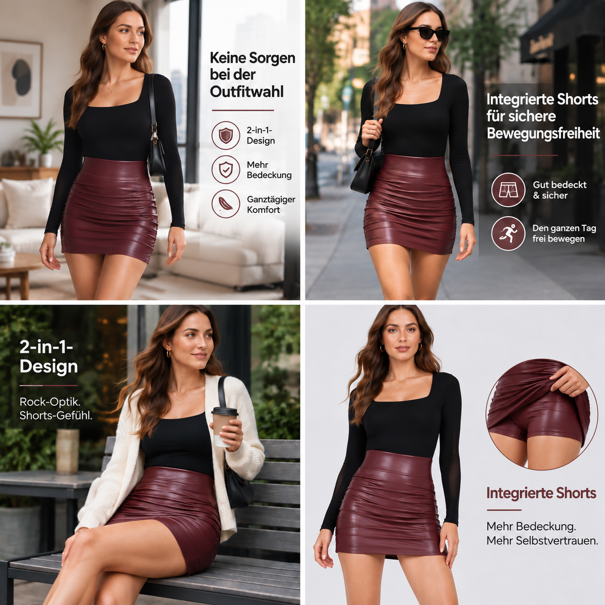 Nordspur | Hochgeschnittener Bauchkontrolle Geraffter Gesäumter 2-in-1 Fleece PU Mini Bodycon Rock