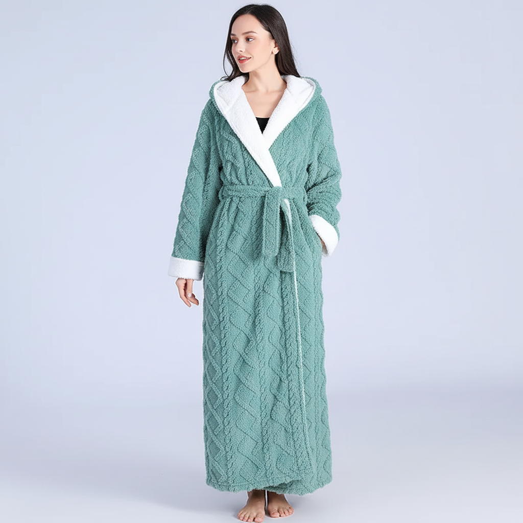 Langer Kapuzen-Bademantel Damen warm plüschig knöchellang