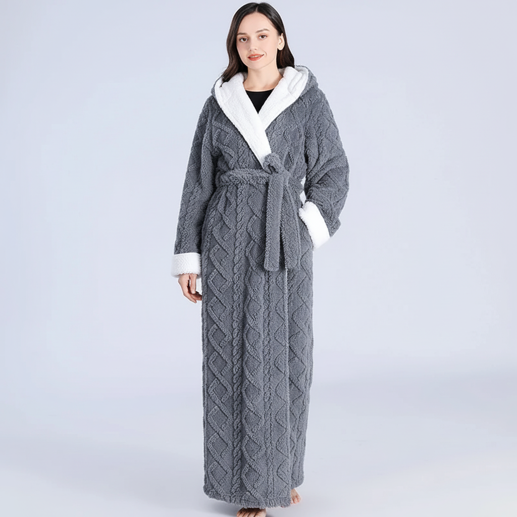 Langer Kapuzen-Bademantel Damen warm plüschig knöchellang