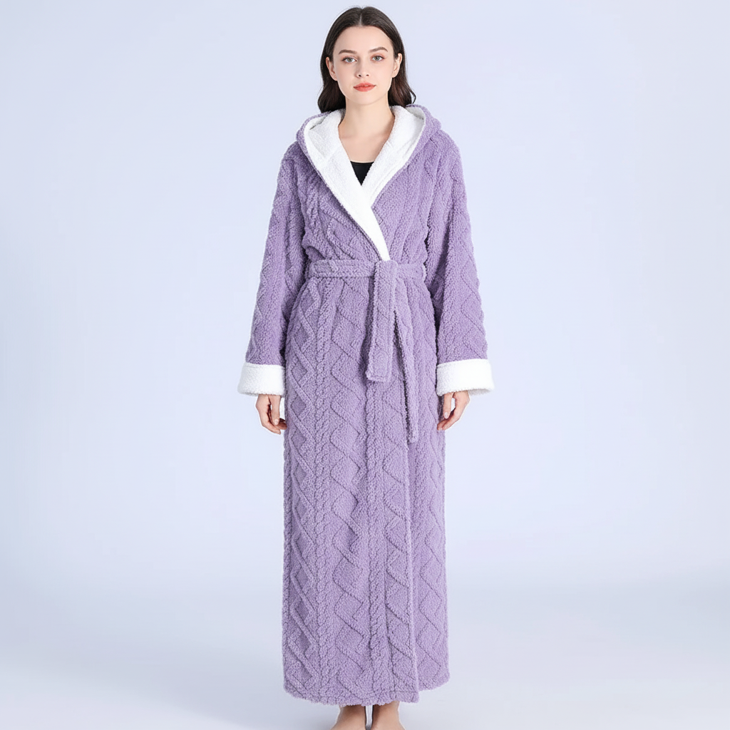 Langer Kapuzen-Bademantel Damen warm plüschig knöchellang