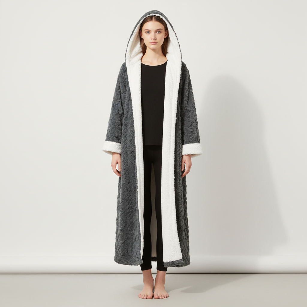 Langer Kapuzen-Bademantel Damen warm plüschig knöchellang