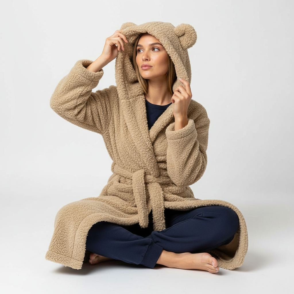 Kapuzen-Bademantel knielang doppelseitiges Fleece warm